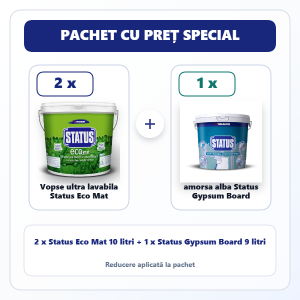 Pachet promo 2 x vopsea ultra lavabila pentru interior STATUS ECO mat 10 L + 1 amorsa Status Gypsum Board Primer 9 L – pret special